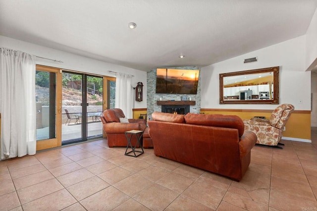 2605 Kauana Loa Dr, Escondido, CA 92029 - living room with a stone fireplace, light tile patterned floors, vaulted ceiling, and recessed lighting