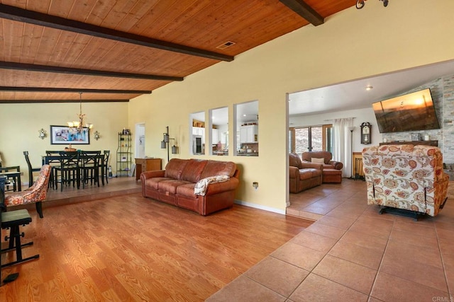 2605 Kauana Loa Dr, Escondido, CA 92029 - living area featuring a chandelier, wood ceiling, and wood finished floors
