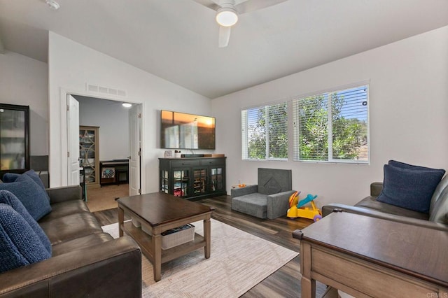 2605 Kauana Loa Dr, Escondido, CA 92029 - living room featuring a ceiling fan, vaulted ceiling, and wood finished floors
