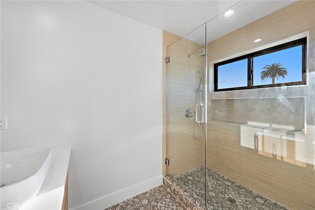 214 W Mariposa Unit B, San Clemente, CA 92672 - bathroom with a shower stall, recessed lighting, tile patterned flooring, and vanity