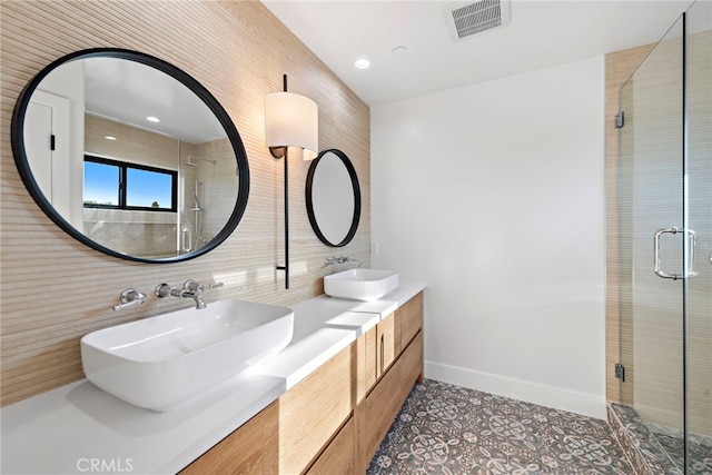 214 W Mariposa Unit B, San Clemente, CA 92672 - full bath featuring a shower stall, tasteful backsplash, tile patterned flooring, double vanity, and recessed lighting