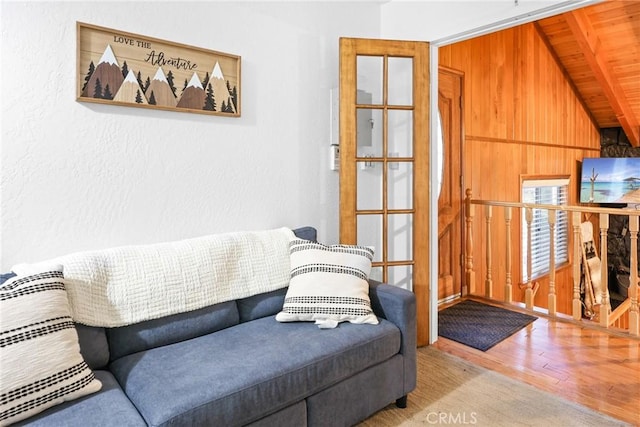 28410 Altamont Ct, Lake Arrowhead, CA 92352 - sitting room featuring wood finished floors, lofted ceiling, wooden ceiling, and a textured wall