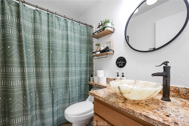 28410 Altamont Ct, Lake Arrowhead, CA 92352 - bathroom featuring vanity, a textured wall, and a shower with shower curtain