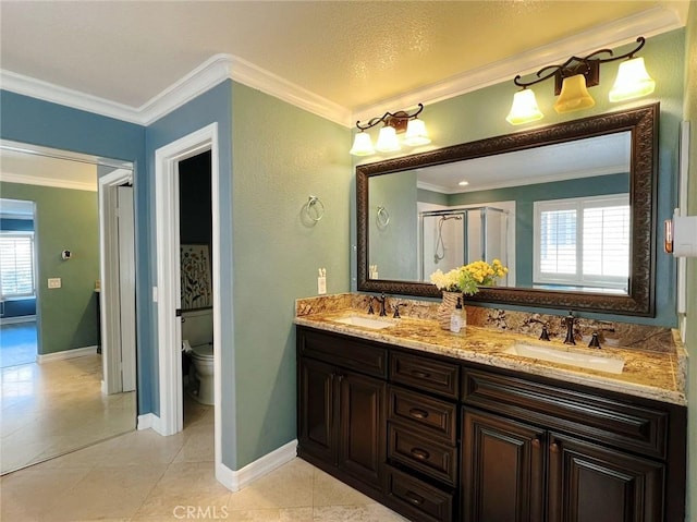 4717 Torrey Pines Dr, Chino Hills, CA 91709 - full bath with double vanity, ornamental molding, and a shower with door
