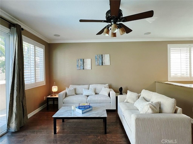 4717 Torrey Pines Dr, Chino Hills, CA 91709 - living area with healthy amount of natural light, dark wood-style flooring, a ceiling fan, and crown molding