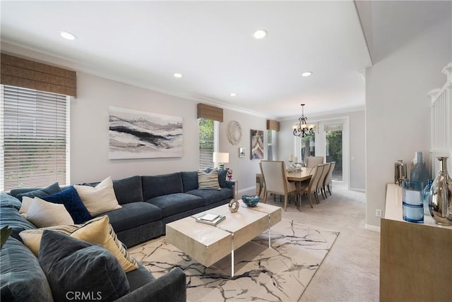 3 Heatherwood, Irvine, CA 92620 - living room featuring a chandelier, healthy amount of natural light, light carpet, recessed lighting, and ornamental molding