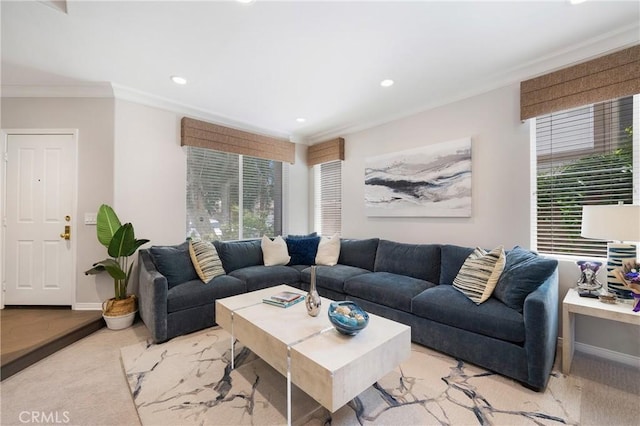 3 Heatherwood, Irvine, CA 92620 - living area featuring ornamental molding, plenty of natural light, recessed lighting, and light colored carpet