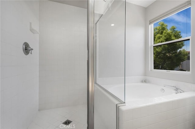 3 Heatherwood, Irvine, CA 92620 - full bathroom with a tile shower, a garden tub, and tile patterned flooring