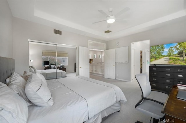 3 Heatherwood, Irvine, CA 92620 - bedroom featuring a raised ceiling, carpet floors, a closet, ceiling fan, and an office area