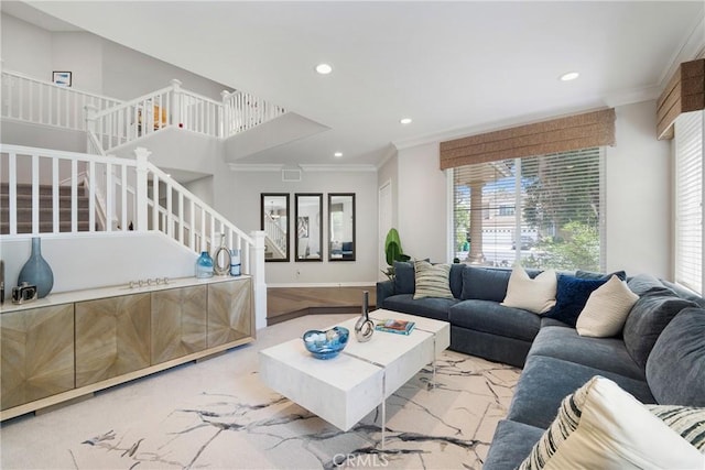 3 Heatherwood, Irvine, CA 92620 - living room featuring stairs, crown molding, recessed lighting, and healthy amount of natural light