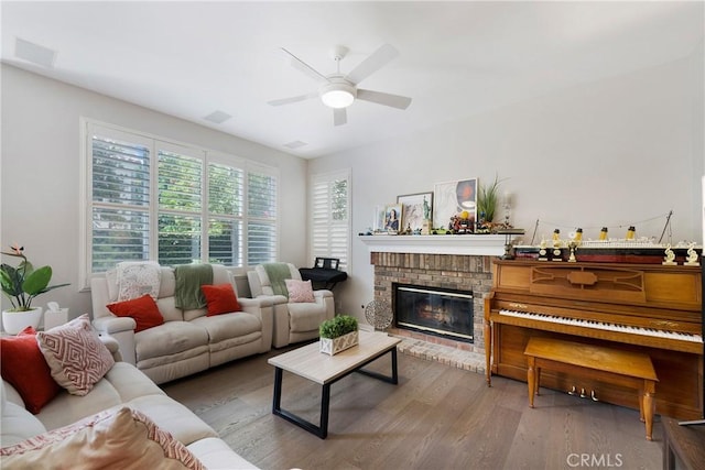 3 Heatherwood, Irvine, CA 92620 - living room with wood finished floors, a ceiling fan, and a fireplace