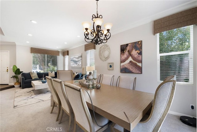 3 Heatherwood, Irvine, CA 92620 - carpeted dining area with ornamental molding, healthy amount of natural light, recessed lighting, and a chandelier