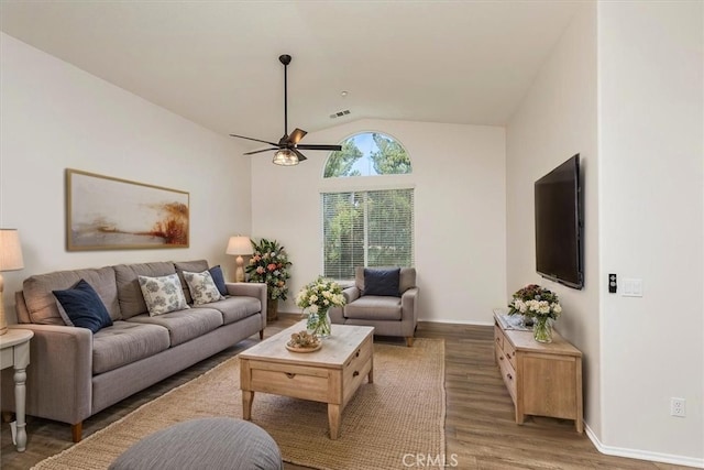 27569 Viridian St Unit 1, Murrieta, CA 92562 - living area featuring vaulted ceiling, a ceiling fan, and wood finished floors