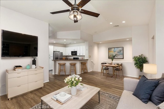 27569 Viridian St Unit 1, Murrieta, CA 92562 - living room with a ceiling fan, wood finished floors, recessed lighting, and lofted ceiling