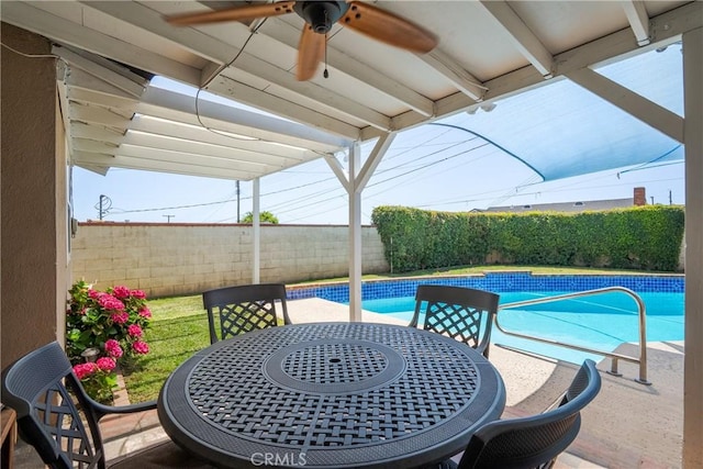 469 N Nearglen Ave, Covina, CA 91724 - view of swimming pool featuring a ceiling fan, a fenced backyard, and outdoor dining area