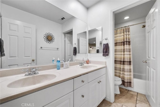 24934 Pine Creek Loop, Corona, CA 92883 - full bathroom with double vanity, shower / bath combo, and tile patterned flooring
