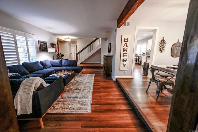 16320 Dartolo Rd, Ramona, CA 92065 - living area with stairway, dark wood-style floors, and beamed ceiling