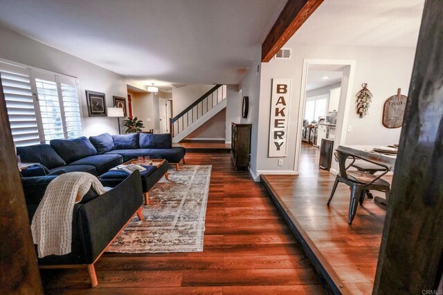 16320 Dartolo Rd, Ramona, CA 92065 - living area with stairs, dark wood-type flooring, and beam ceiling