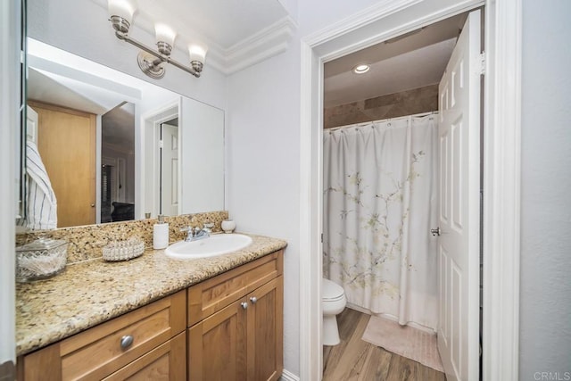 3773 1st Ave Unit 2, San Diego, CA 92103 - bathroom featuring vanity, wood finished floors, crown molding, and a shower with curtain