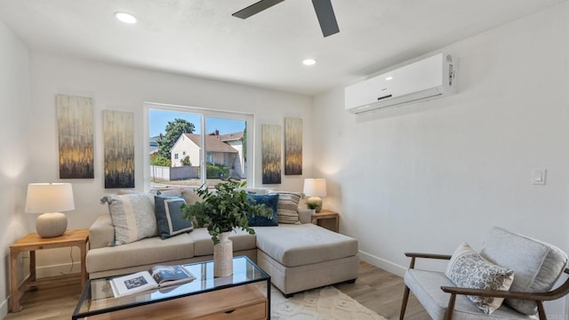 6117 Parkside Ave, San Diego, CA 92139 - living area with a wall mounted air conditioner, a ceiling fan, light wood-style flooring, and recessed lighting