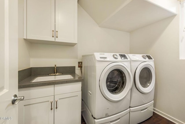 11570 Oakcrest Ave, Ojai, CA 93023 - laundry room featuring cabinet space, washer and dryer, dark wood finished floors, and wet bar