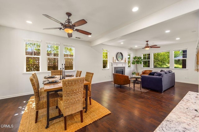 11570 Oakcrest Ave, Ojai, CA 93023 - dining space featuring a ceiling fan, recessed lighting, dark wood-style floors, and a fireplace