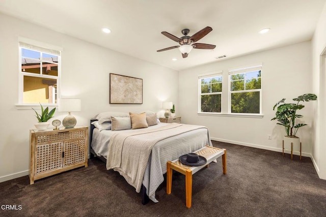 11570 Oakcrest Ave, Ojai, CA 93023 - bedroom with dark colored carpet, recessed lighting, and ceiling fan