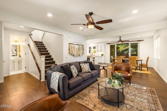 11570 Oakcrest Ave, Ojai, CA 93023 - living room with ceiling fan, dark wood-style flooring, stairs, and recessed lighting