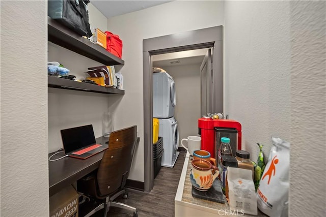 24545 Town Center Dr Unit 5201, Valencia, CA 91355 - office with stacked washer / drying machine, wood finished floors, and a textured wall