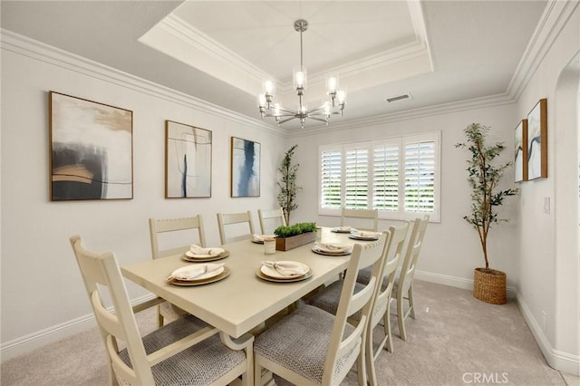 4161 Ricardo Dr, Yorba Linda, CA 92886 - dining room with a chandelier, light colored carpet, a raised ceiling, and crown molding