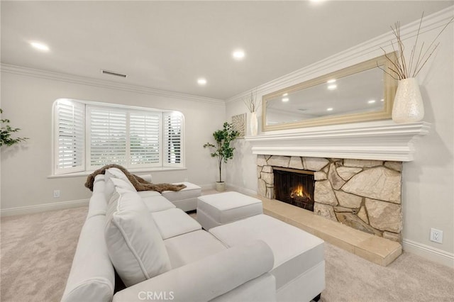 4161 Ricardo Dr, Yorba Linda, CA 92886 - carpeted living area featuring ornamental molding, recessed lighting, and a stone fireplace