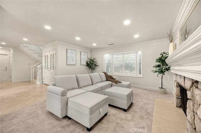 4161 Ricardo Dr, Yorba Linda, CA 92886 - living area with stairs, recessed lighting, ornamental molding, and a fireplace