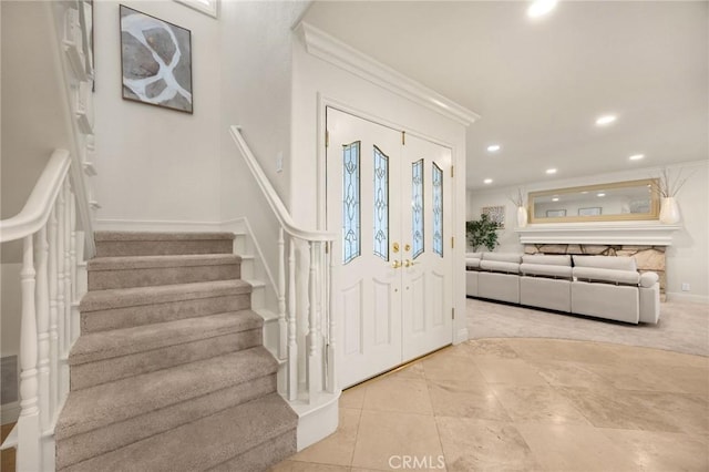 4161 Ricardo Dr, Yorba Linda, CA 92886 - tiled foyer entrance featuring ornamental molding, recessed lighting, and stairway