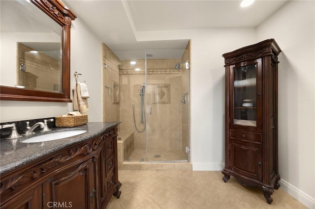 4161 Ricardo Dr, Yorba Linda, CA 92886 - bathroom featuring a stall shower, vanity, and tile patterned flooring