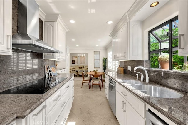 4161 Ricardo Dr, Yorba Linda, CA 92886 - kitchen featuring wall chimney exhaust hood, plenty of natural light, dishwasher, crown molding, and recessed lighting