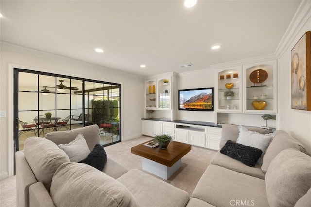 4161 Ricardo Dr, Yorba Linda, CA 92886 - living room with light carpet, ornamental molding, and recessed lighting
