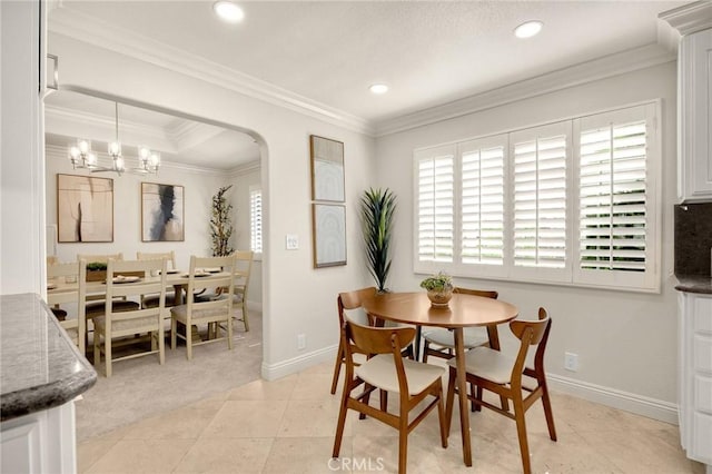 4161 Ricardo Dr, Yorba Linda, CA 92886 - dining area featuring recessed lighting, arched walkways, a chandelier, light colored carpet, and ornamental molding