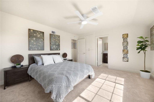 4161 Ricardo Dr, Yorba Linda, CA 92886 - bedroom featuring light colored carpet, ceiling fan, and connected bathroom