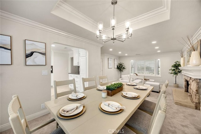 4161 Ricardo Dr, Yorba Linda, CA 92886 - dining room with a raised ceiling, ornamental molding, a chandelier, recessed lighting, and arched walkways