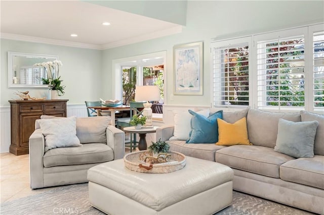 2172 N Pami Cir, Orange, CA 92867 - living room featuring ornamental molding, a decorative wall, wainscoting, recessed lighting, and light tile patterned floors