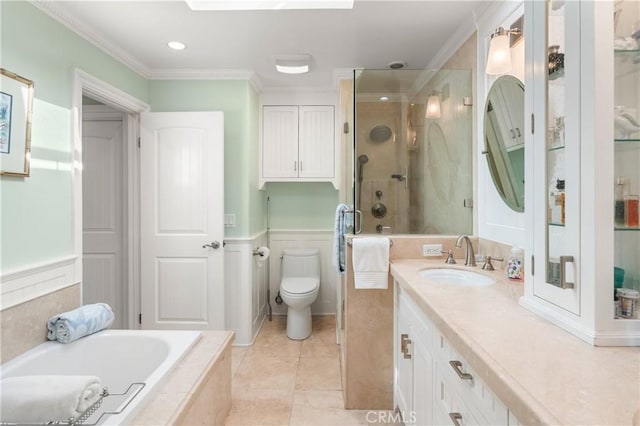 2172 N Pami Cir, Orange, CA 92867 - bathroom featuring a shower stall, vanity, a bath, ornamental molding, and tile patterned floors