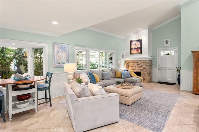 2172 N Pami Cir, Orange, CA 92867 - living area featuring a fireplace, ornamental molding, plenty of natural light, a wainscoted wall, and light tile patterned floors