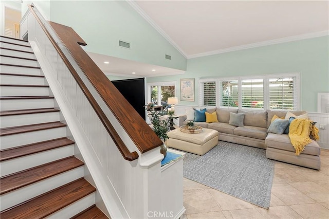 2172 N Pami Cir, Orange, CA 92867 - living area with crown molding, light tile patterned floors, stairs, and high vaulted ceiling