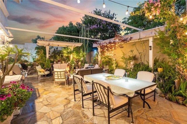 2172 N Pami Cir, Orange, CA 92867 - patio terrace at dusk with a patio area, outdoor dining area, an outdoor hangout area, area for grilling, and a pergola