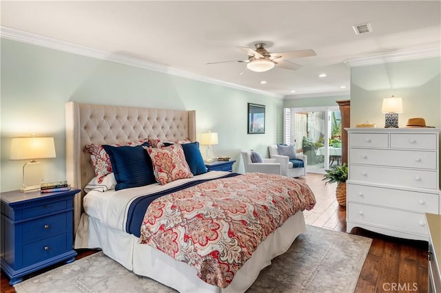 2172 N Pami Cir, Orange, CA 92867 - bedroom with ornamental molding, wood finished floors, recessed lighting, and ceiling fan