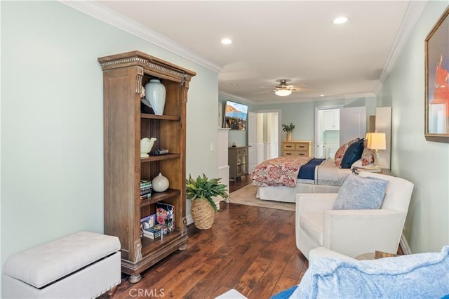 2172 N Pami Cir, Orange, CA 92867 - bedroom with hardwood / wood-style flooring, crown molding, recessed lighting, and ceiling fan