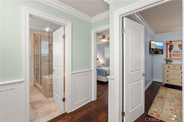 2172 N Pami Cir, Orange, CA 92867 - corridor with crown molding, wainscoting, dark wood-style flooring, and a decorative wall