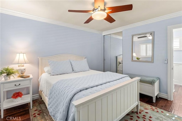 2172 N Pami Cir, Orange, CA 92867 - bedroom featuring ornamental molding, wood finished floors, ceiling fan, and a closet