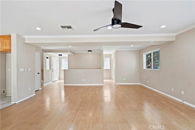 3919 W 242nd St Unit A, Torrance, CA 90505 - unfurnished living room featuring ornamental molding, a ceiling fan, light wood-style floors, and recessed lighting