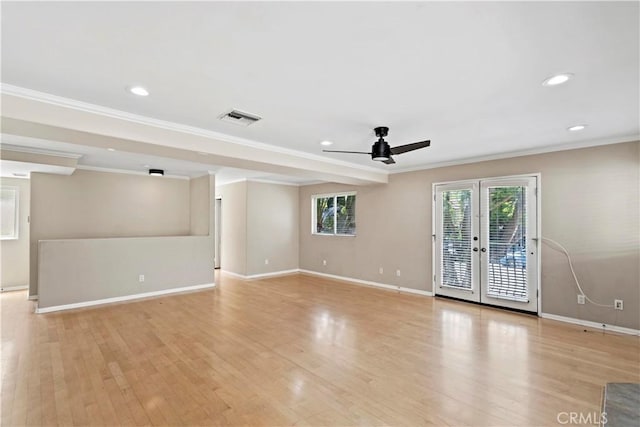 3919 W 242nd St Unit A, Torrance, CA 90505 - empty room with ceiling fan, light wood finished floors, french doors, ornamental molding, and recessed lighting